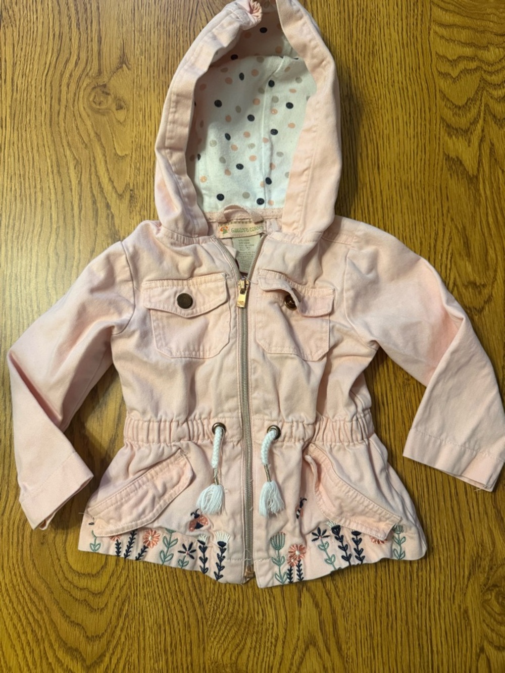 Girls Light Pink Hooded Jacket with Floral Embroidery Size 12M